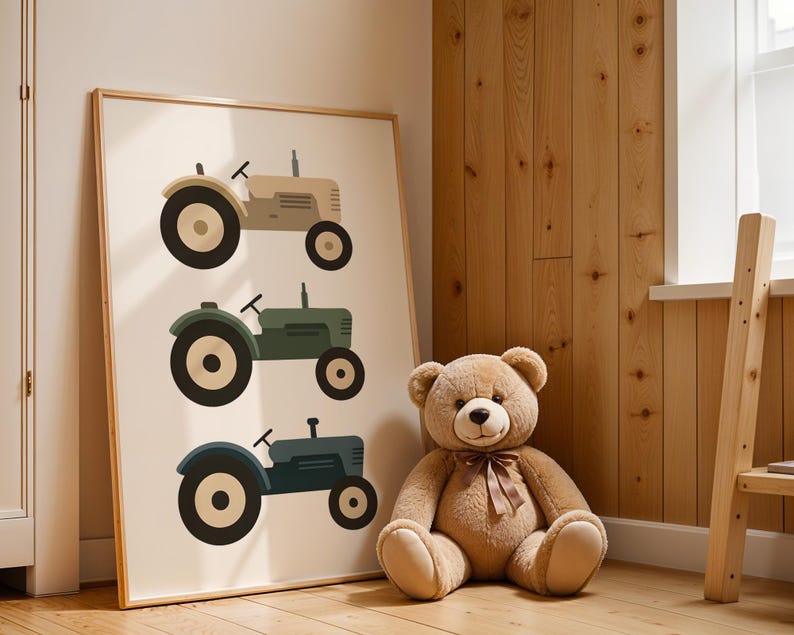 Vintage tractor art print leaning against pine wood wall in rustic kids room with teddy bear, farm themed toddler boy nursery decor, three tractors in neutral tan olive teal tones, natural wooden cabin style children's bedroom aesthetic, farmhouse playroom decoration with warm sunlight, minimalist vehicle illustration in oak frame, country cottage kids space inspiration, charming transportation artwork for little farmers, cozy scandinavian wooden nursery design, earth tone tractor poster.