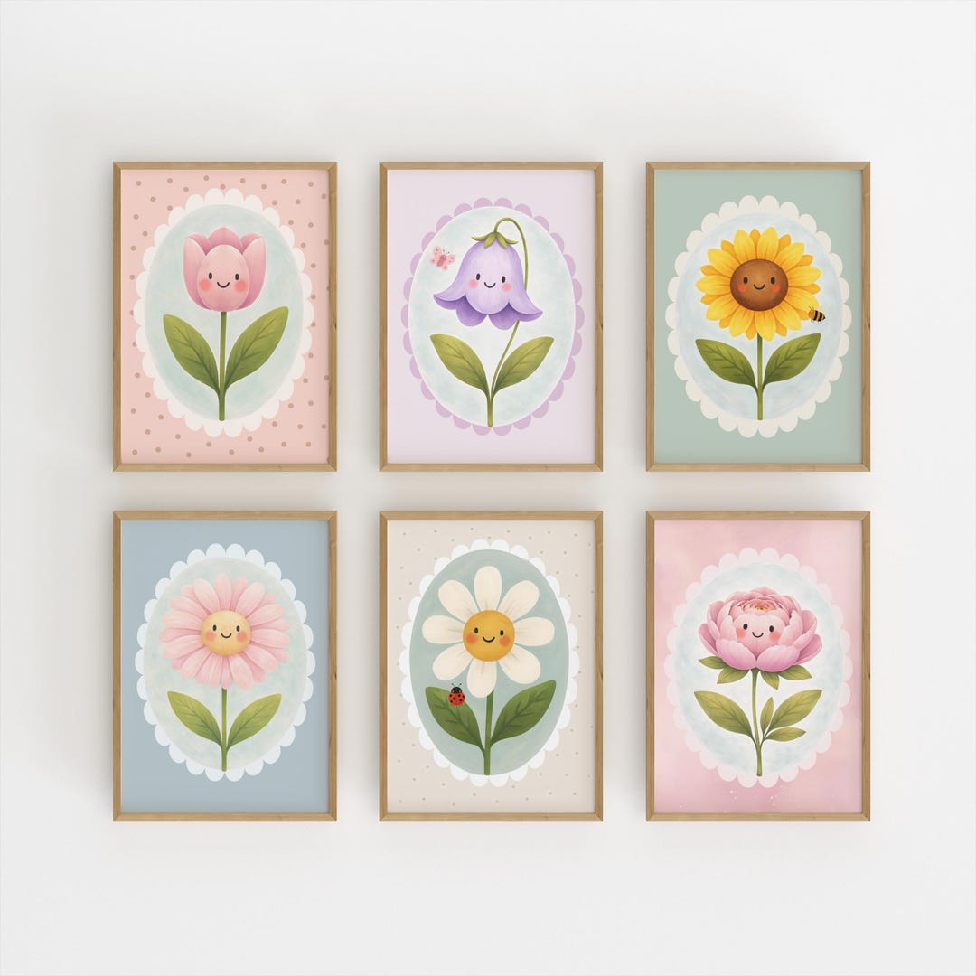Cute Flower Nursery Wall Art Set of 6 Printable, Pastel Kids Room Decor ...