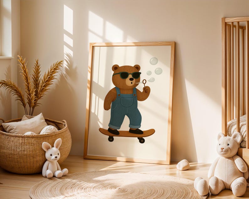 Boho nursery wall art printable featuring a cute bear with sunglasses blowing bubbles while riding a skateboard. Perfect digital download for modern baby room, toddler boy decor, or woodland animal nursery theme. Neutral tones, Scandinavian style, cozy natural nursery setting with plush toys and wicker basket. Ideal kids room artwork for gender-neutral decoration, instant download, and stylish interior design for children.