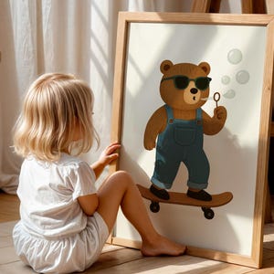 Cool skateboarding bear digital art print poster for kids nursery decor - brown teddy bear wearing sunglasses and overalls on skateboard blowing bubbles - downloadable wall art for children's bedroom playroom - modern minimalist animal illustration - instant download printable nursery poster - cute bear skateboard art for boys girls room decor - digital download kids wall art print - trendy animal poster nursery wall decor - printable children's art skateboard theme.