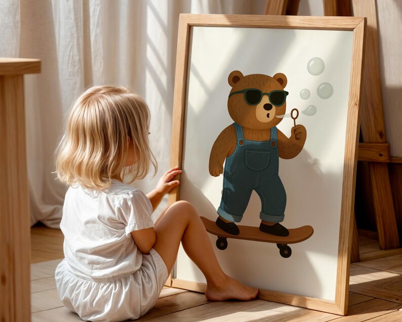 Cool skateboarding bear digital art print poster for kids nursery decor - brown teddy bear wearing sunglasses and overalls on skateboard blowing bubbles - downloadable wall art for children's bedroom playroom - modern minimalist animal illustration - instant download printable nursery poster - cute bear skateboard art for boys girls room decor - digital download kids wall art print - trendy animal poster nursery wall decor - printable children's art skateboard theme.