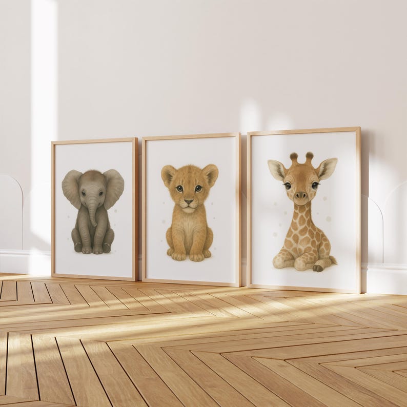 Safari Animal Nursery Prints Set, Lion Giraffe Elephant Wall Art for ...