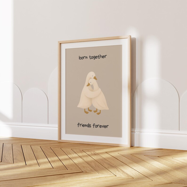 Twin Geese Hug Art Print – “born Together Friends Forever” Poster, Cute ...