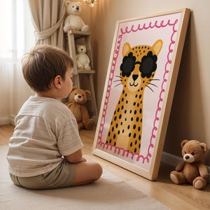 "Cheetah nursery art print with trendy sunglasses - child admiring cute leopard poster with pink decorative border, perfect kids bedroom wall decor, toddler room art, playroom decoration, animal themed nursery print, safari kids decor, spotted cat illustration, children's wall art collection, baby room poster, modern nursery design, colorful animal print, whimsical kids art, nursery gallery wall piece, child-friendly animal decor, educational wildlife poster, fun kids room accessories.