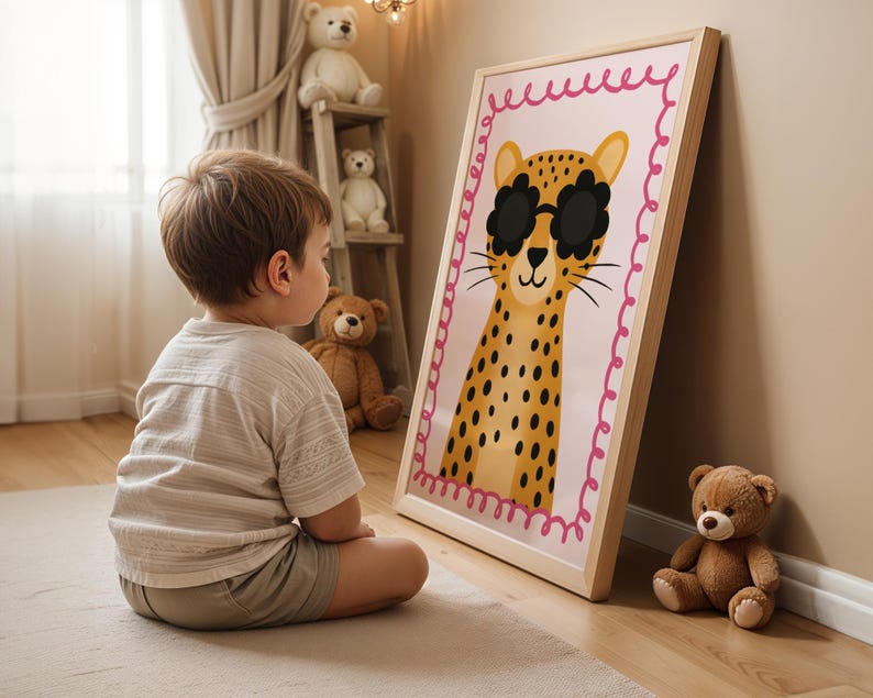 "Cheetah nursery art print with trendy sunglasses - child admiring cute leopard poster with pink decorative border, perfect kids bedroom wall decor, toddler room art, playroom decoration, animal themed nursery print, safari kids decor, spotted cat illustration, children's wall art collection, baby room poster, modern nursery design, colorful animal print, whimsical kids art, nursery gallery wall piece, child-friendly animal decor, educational wildlife poster, fun kids room accessories.