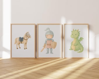 May include: Three framed watercolor prints featuring a horse, a knight, and a dragon. The horse is tan with a blue saddle. The knight wears armor and holds a sword and shield. The dragon is green.