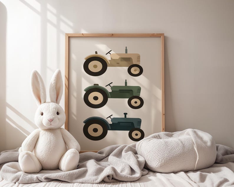 Vintage tractor nursery art print on cozy bed with plush white bunny and soft blanket, farm themed toddler boy bedroom decor, three tractors in muted beige green blue tones, rustic farmhouse kids room wall art in wooden frame, serene neutral baby boy nursery aesthetic, gentle morning light children's space, minimalist vehicle illustration for little farmers, calming earth tone playroom decoration, country style nursery poster, transportation themed artwork for tractor loving toddlers.