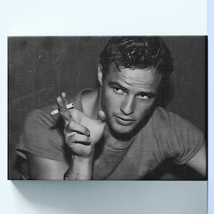 Vintage Marlon Brando Cigaratte Canvas Print, Hollywood Legend Wall Art, Famous Actor Poster Print, Black and White Art,Ready to Hang Canvas