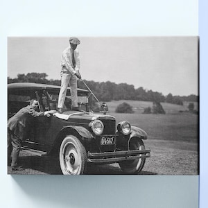 Vintage Golfer on Top of Car Canvas Print,Golf Wall Art, Framed Option,Various Size,Sports Room Decor,Black and White Art, Funny Wall Decor