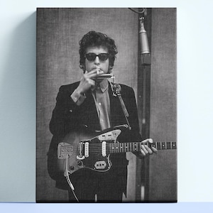Canvas Vintage bob Dylans gitaar en sigaretten, muurkunst muzikant, ingelijste optie, The Band-poster, museumkwaliteitsafdruk, zwart-wit