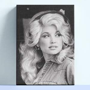 Impression sur toile vintage portrait de Dolly Parton, art mural légende de la musique country, option encadré, différentes tailles, impression de qualité musée, noir et blanc