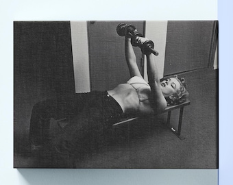 Vintage Marilyn Monroe at the Gym Canvas Print,Dumbell Working Out Wall Art, Framed Option,Various Sizes,Sports Room Decor,Black and White
