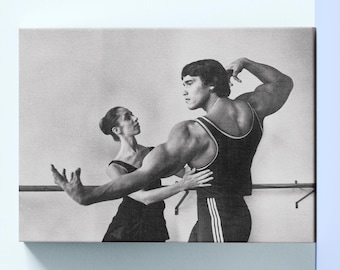 Vintage Ballet Dancing Canvas Print,Arnold Schwarzenegger Working Out Wall Art, Framed Option,Various Size,Sports Room Decor,Black and White