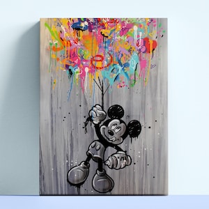 Mickey Mouse with Ballons Painting,Banksy Wall Art,Mickey Mouse Pop Art,Oversize Canvas Art,Original Oil Painting, Handmade Acrylic Painting