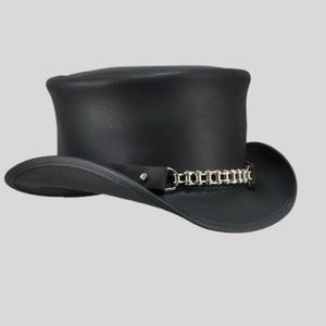 Zwarte leren Deadman-cilinderhoed met chromen ketting | Gotische steampunkhoed