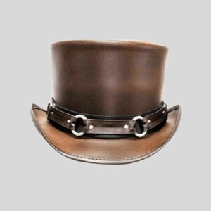 Bruine hoge hoed met geringde ring | Leren steampunkhoed met ringband | Handgemaakte festivalhoed