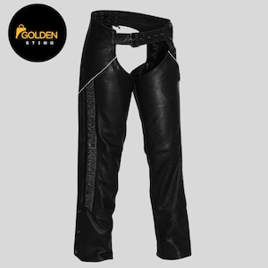 Milwaukee Leather Women&#39;s Black Leather Hip Set Motorcycle Chaps w/ Crinkled Leg Striping – MLL6500