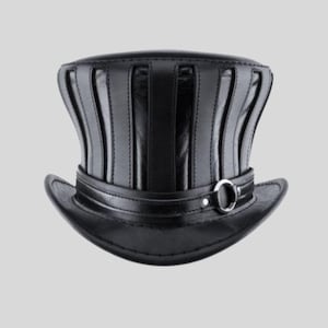 Zwarte leren gestreepte hoed | Steampunk gotische hoge hoed | Unieke handgemaakte hoofddeksels
