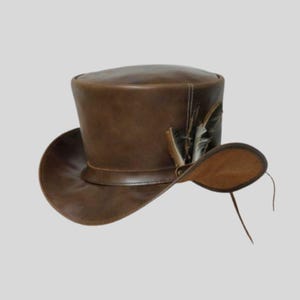 Bruine hoge hoed bruidegom | Leren bruilofthoed | Vintage formele hoge hoed