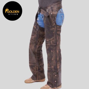 4-Pocket Vintage Distressed Brown Leather Chaps with Removable Lining