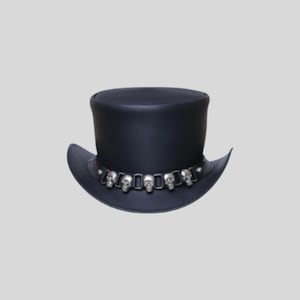 Hoge hoed met schedel | Leren hoed met band met vijf doodskoppen | Gotische steampunkhoed