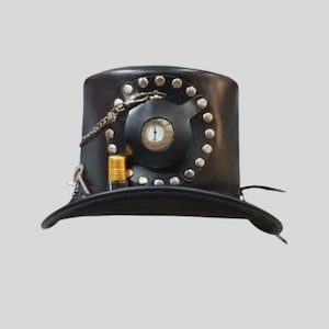 Handgemaakte steampunk Mad Hatter-hoed | Leren hoge hoed met tijdpoort | Victoriaanse fantasiestijl
