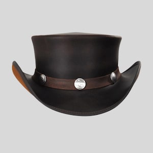 Bruine leren hoge hoed | Donkerbruine steampunkhoed | Victoriaanse gotische festivalhoed