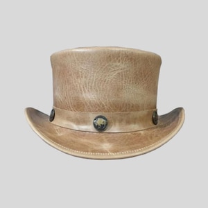 Hoge hoed voodoo-leer | Handgemaakte bruine leren hoed | Gothic steampunk voodoo-hoed