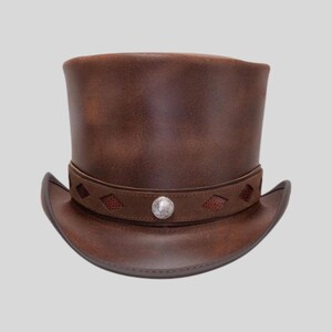 Bruine hoge hoed kachelpijp | 100% handgemaakte buffelleren hoed | Steampunk- en gotische hoed