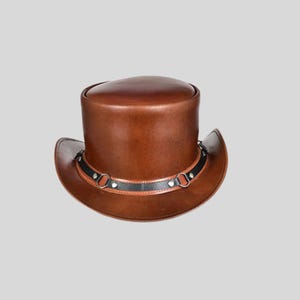 Handgemaakte bruine leren hoed | Mooie hoge hoed voor steampunk, gothic of festival