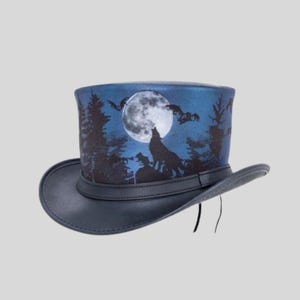Blauwe steampunk-hoge hoed met wolf-ontwerp | Gotische hoed met volle maan