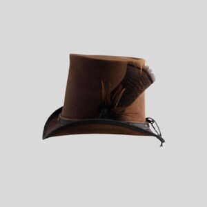 Bruine leren hoge hoed heren | Steampunk-festivalhoed | Handgemaakte gotische hoed