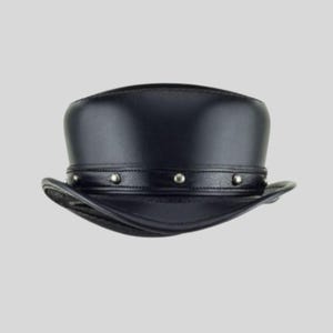 Leren korte hoge hoed | Hoge steampunkhoed met band met studs | Gothic festivalhoed