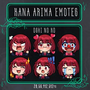 May include: A digital graphic showing six emotes of a character with red hair and a pink bow. The emotes display various expressions, including anger, love, and sadness. The text "KANA ARIMA EMOTES" and "OSHI NO KO" are at the top.
