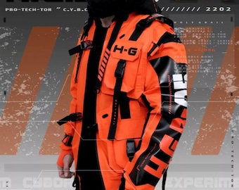 May include: A bright orange jacket with black accents and the text "H-G" on the chest and sleeve. The jacket has a zipper closure and multiple pockets. The model is wearing a black mask and a black hat.