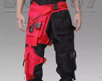 Pantalón cargo grueso estilo urbano, negro y rojo, estilo Techwear Cosplay HG B.L.P-07/B.RED