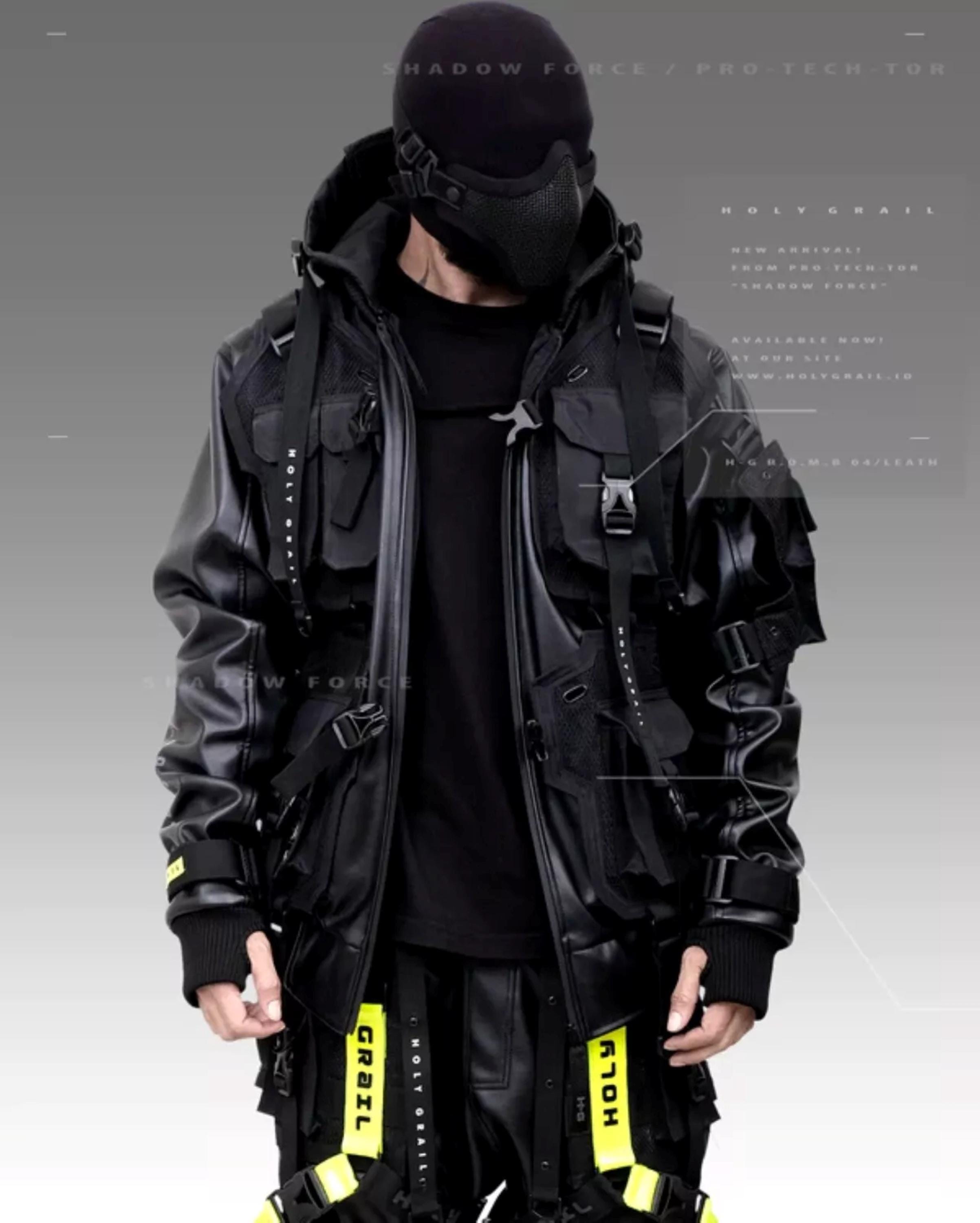 Techwear Streetwear Cosplay Futuristic Black Leather Jacket Hoodie