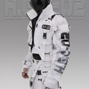 May include: White futuristic jacket with multiple straps, pockets, and the text "H-G" on the chest. The jacket has the text "H.G-02" and "HOLY GRAIL" printed on it. The sleeves have the text "HIGH" printed on them. The person is wearing a black helmet.