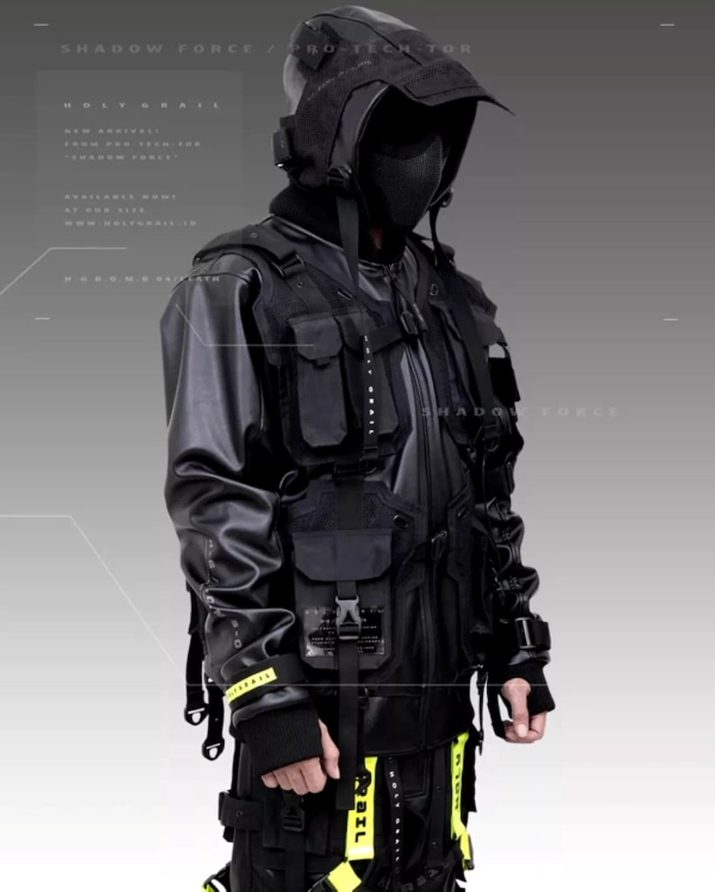 Black and Green Futuristic Cyber Techwear Buckle Straps Cat Ears Hooded Windbreaker Jacket