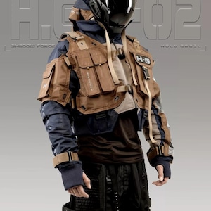 May include: A person wearing a blue and brown jacket with a tactical vest, a black helmet, and black trousers. The text "H.G. 02" is visible in the background.