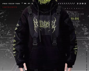 May include: A black hooded sweatshirt with a mesh panel and a black and green graphic print. The sweatshirt has a black chain necklace and a black and green mask with the text "HOLY GRAIL" on it. The text "PRO-TECH-TOR "M.U.S" LMTD EDTN" is printed on the sweatshirt. The text "HOLY GRAIL 2202" is printed on the background.