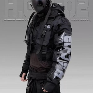 Techwear Streetwear Cosplay Svart Jacka Hoodie Hel Dragkedja Spänne Holygrail H.G.C-02/BLK