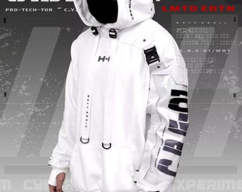 May include: White hooded sweatshirt with black text and straps. The text on the sweatshirt says "C.B.G-01/WHT" and "HOLY GRAIL".