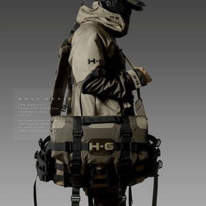 Puede incluir: Una persona que lleva una chaqueta con capucha beige con una máscara facial negra y una mochila negra y beige con el texto "H-G" en ella.