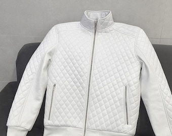 Men’s White Quilted Leather Biker Jacket Slim Fit Moto original leather