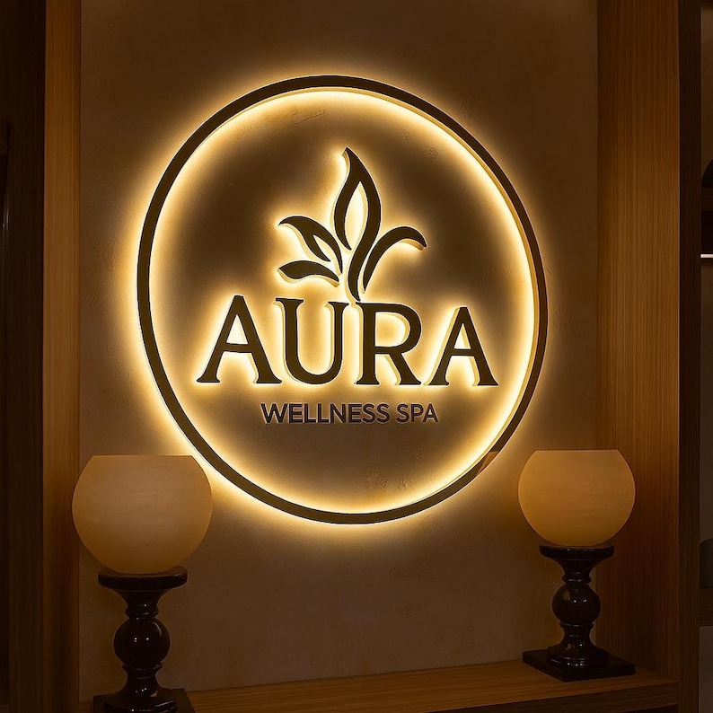 May include: Illuminated sign for "Aura Wellness Spa" with a circular design and a leaf-like emblem. The sign is lit with a warm, inviting glow. Two decorative candle holders with spherical shades flank the sign.
