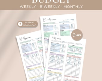 Druckbarer wöchentlicher, zweiwöchentlicher, monatlicher Budgetplaner - Haushaltsplaner, Ersparnis- und Ausgaben-Tracker, Bullet-Journalbudgetbuch
