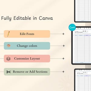 May include: Digital study tracker template on a tablet, with options to edit fonts, change colors, customize the layout, and add or remove sections. The text "Fully Editable in Canva" is displayed at the top.