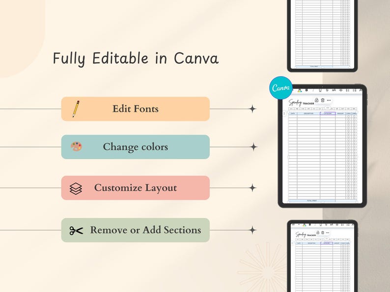 May include: Digital study tracker template on a tablet, with options to edit fonts, change colors, customize the layout, and add or remove sections. The text "Fully Editable in Canva" is displayed at the top.