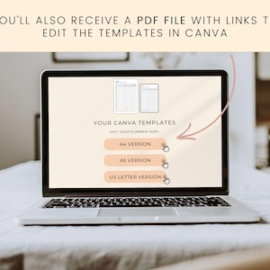 May include: A laptop displays a digital planner template with options for A4, A5, and US Letter versions. The screen also shows the text "YOU'LL ALSO RECEIVE A PDF FILE WITH LINKS TO EDIT THE TEMPLATES IN CANVA."
